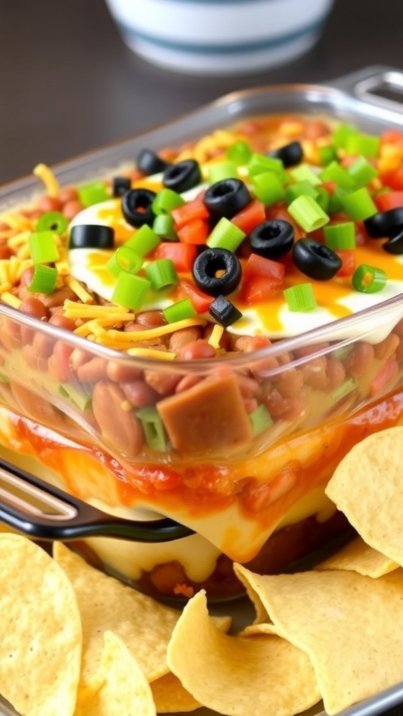 A colorful 7-layer bean dip with tortilla chips, featuring layers of beans, guacamole, sour cream, salsa, cheese, olives, and green onions.